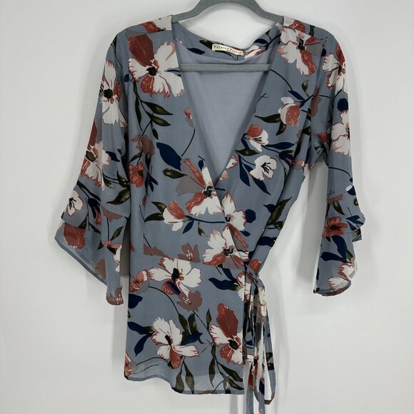 Wayward Fancies Tops - 3/$25 Wayward Fancies Eshakti Floral Wrap Blouse Top L Flare Bell 3/4 Sleeves